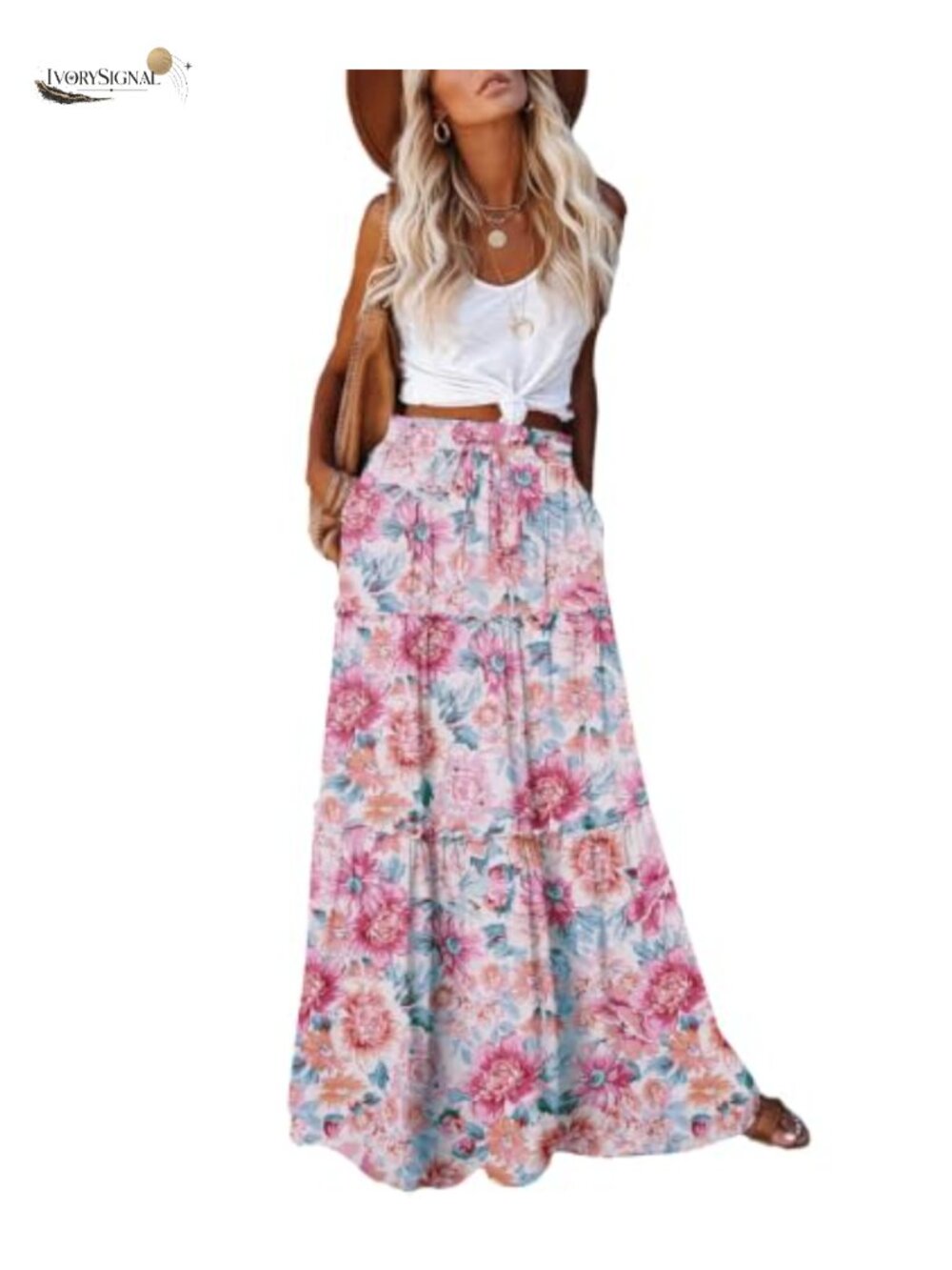 Womens Boho Maxi Skirt High Waist Flowy Long Skirt with Pockets